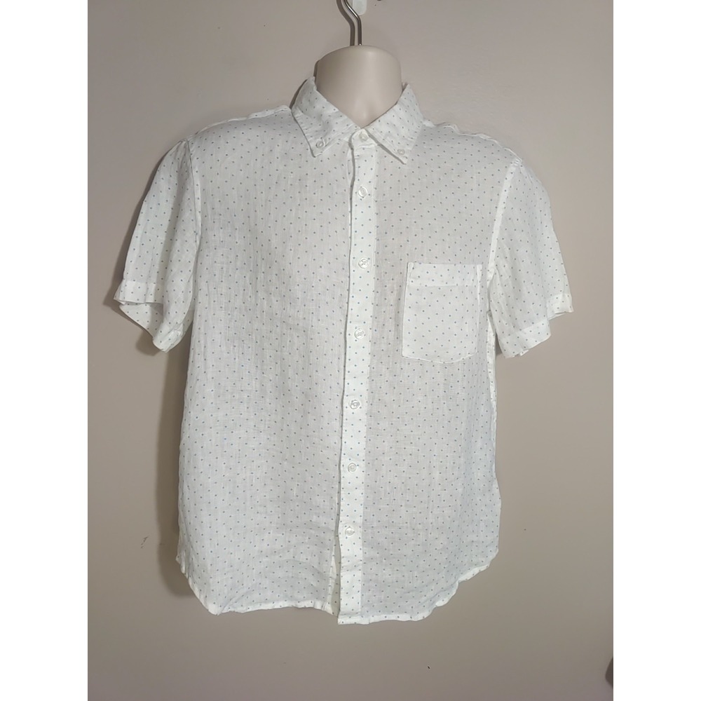 Daniel Hechter Modern Fit Linen White Blue Diamond Print Collared  Shirt‎ Size M